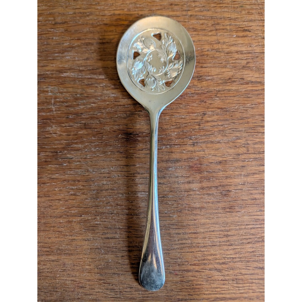Vintage Leonard Silver Plated Pierced Olive Spoon Ornate Floral Made in Italy